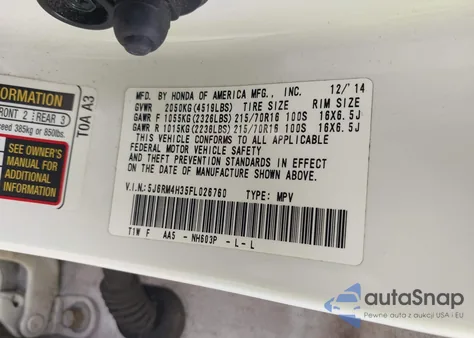 2015 Honda Cr-V Lx from USA, damaged, VIN 5J6RM4H35FL026760